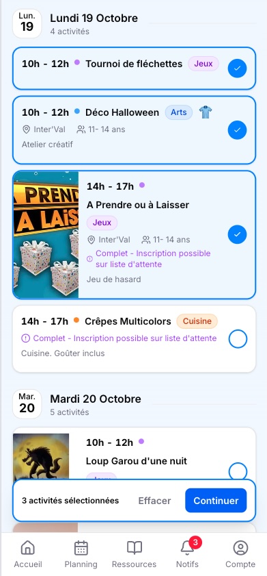 Planning de SPOT : activités du lundi 19 octobre, avec places, âges et inscription en liste d'attente